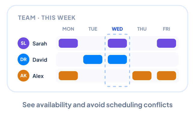 Shared team calendar showing availability across the week
